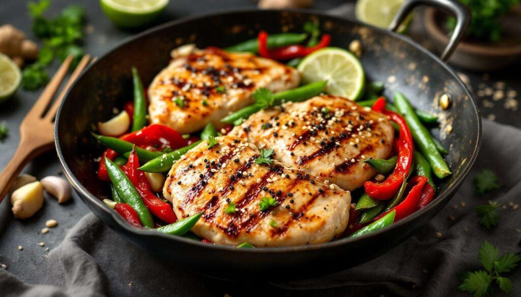 Petto di pollo light al wok con peperoni, taccole e lime