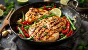 Petto di pollo light al wok con peperoni, taccole e lime